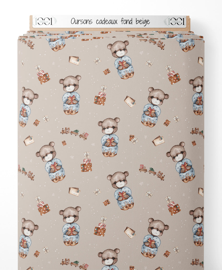 Tissu - Oursons cadeaux fond beige