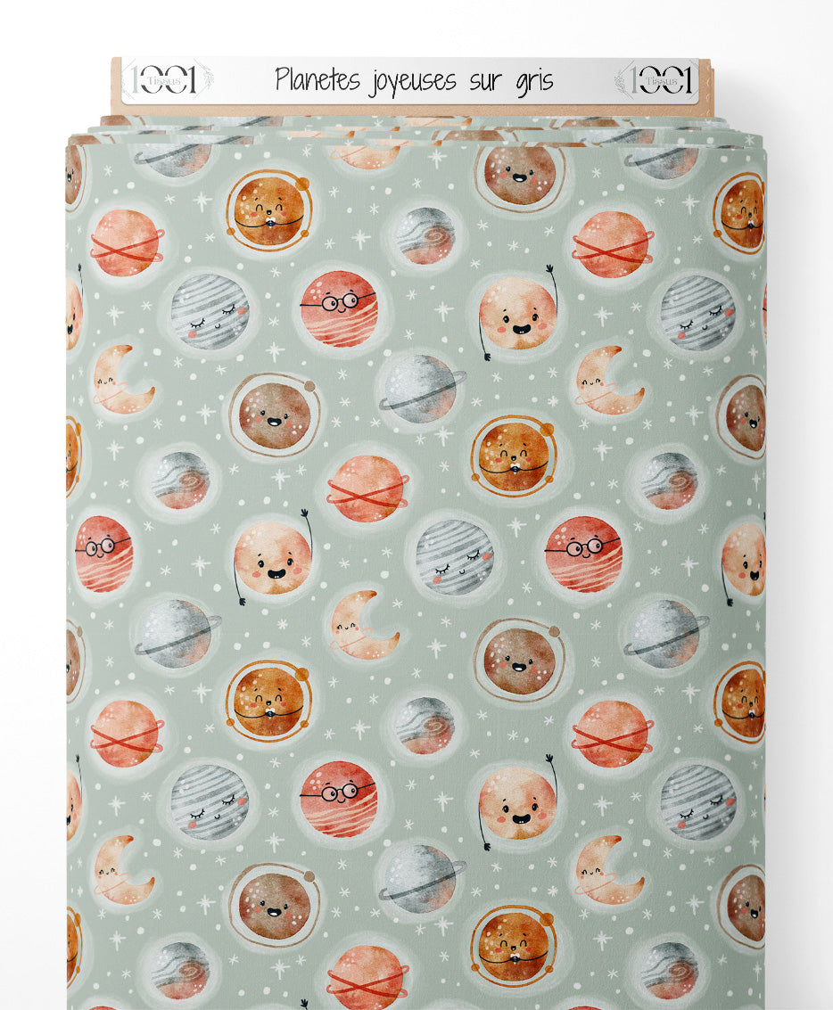 Tissu - Planètes joyeuses sur gris