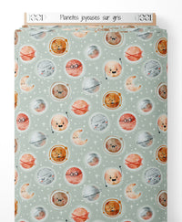 Tissu - Planètes joyeuses sur gris