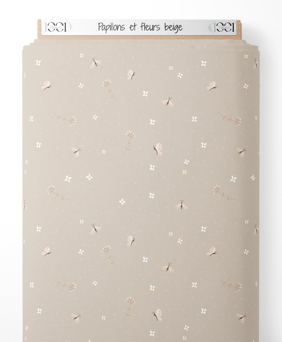 Tissu - Papillons et fleurs beige