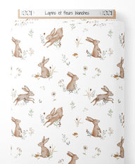 Tissu - Lapins et fleurs blanches