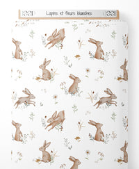 Tissu - Lapins et fleurs blanches