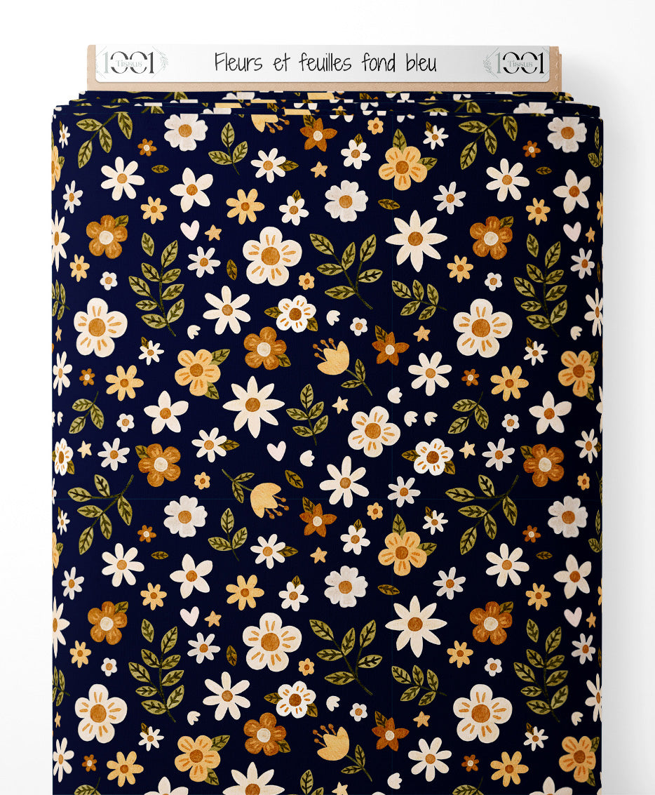 Tissu - Fleurs et feuilles sur fond bleu