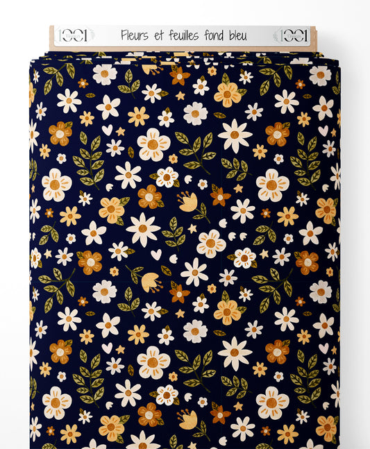 Tissu - Fleurs et feuilles sur fond bleu
