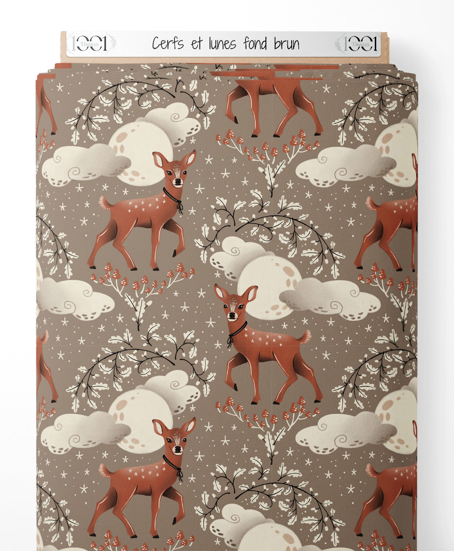 Tissu - Cerfs et lunes sur fond brun
