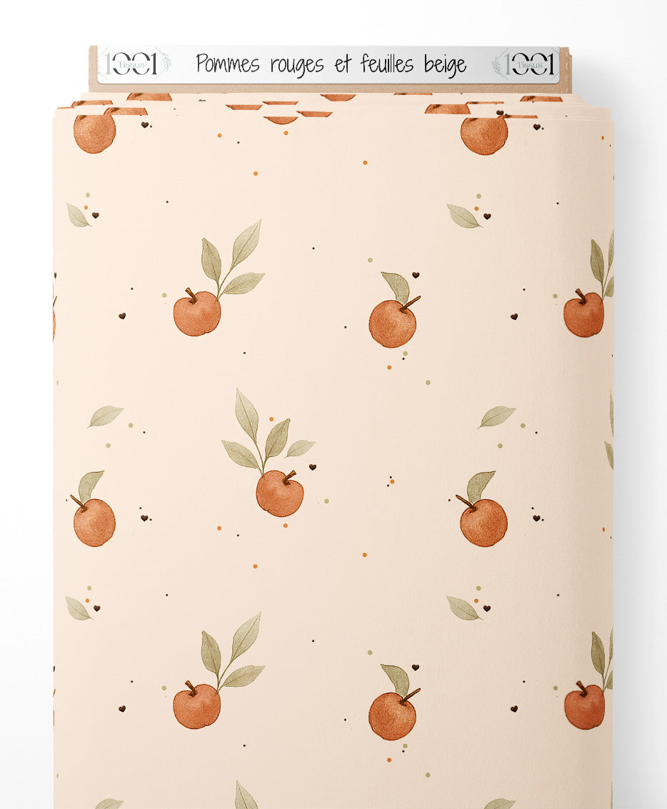 Tissu - Pommes rouges et feuilles beige