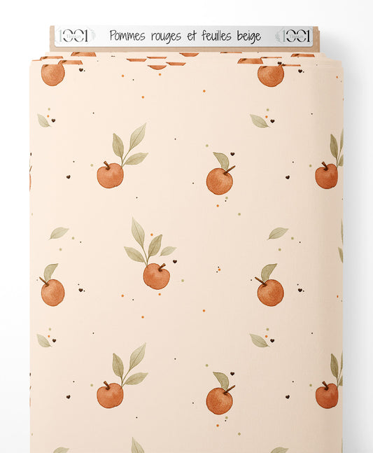Tissu - Pommes rouges et feuilles beige