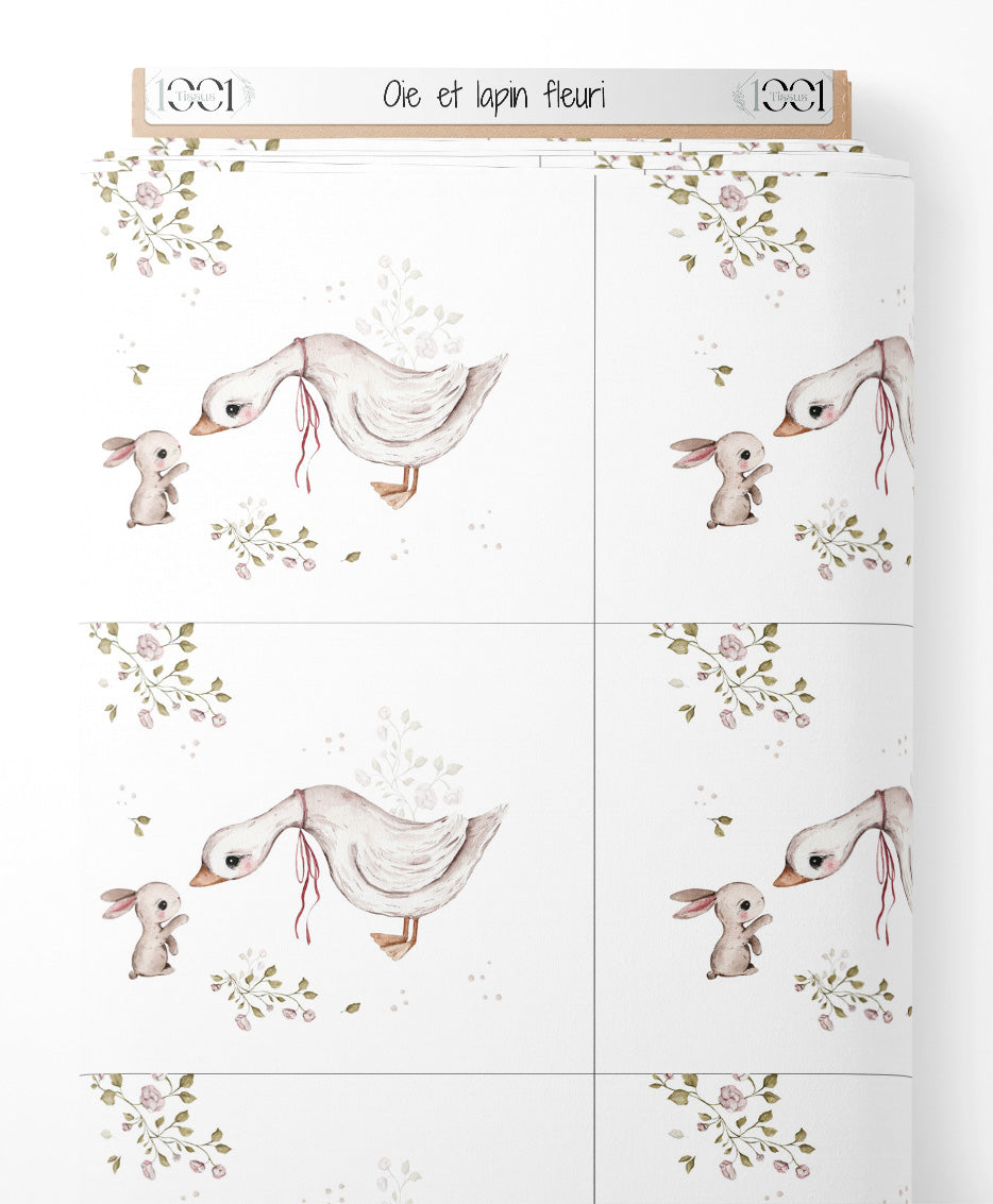 Tissu - Oie et lapin fleuri