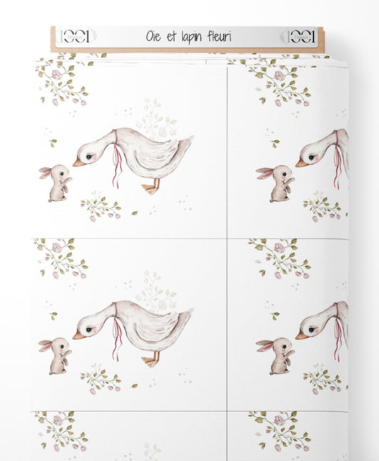 Tissu - Oie et lapin fleuri