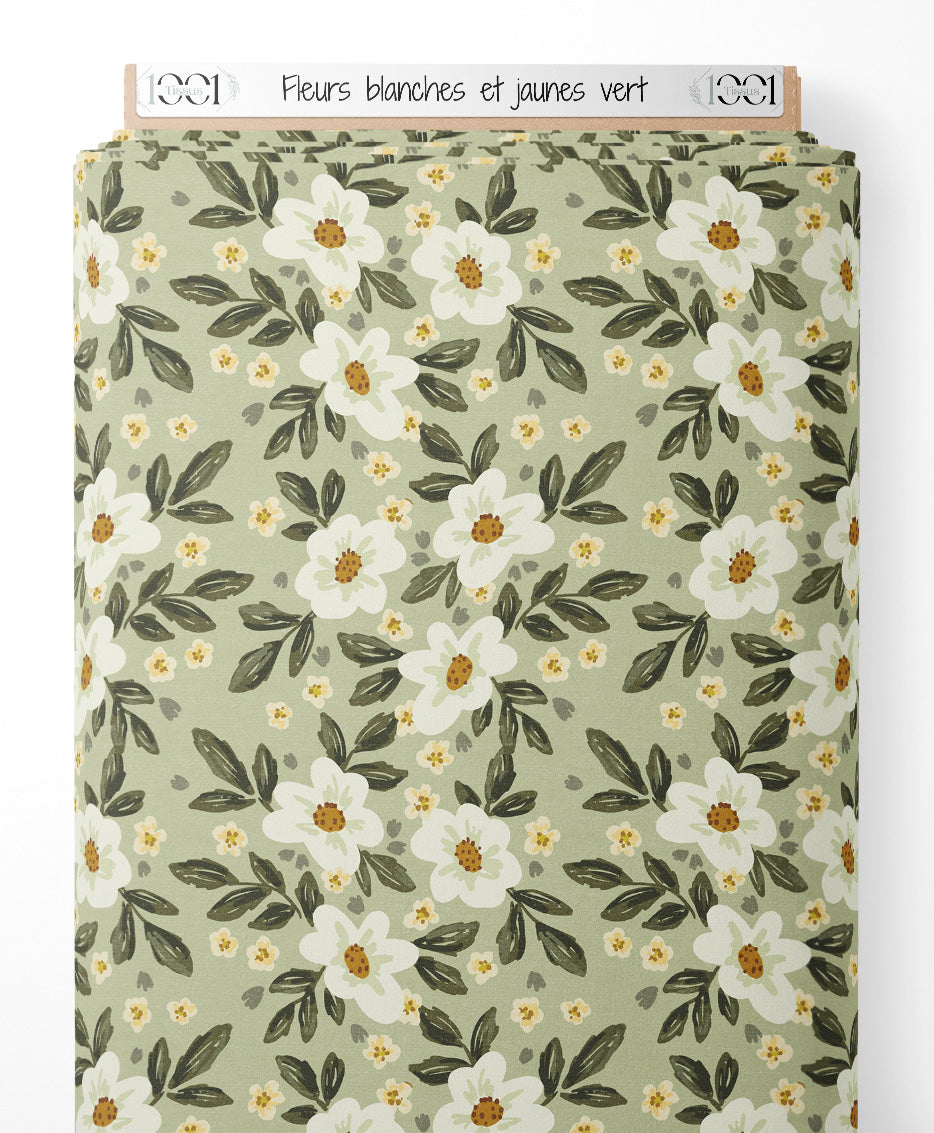 Tissu - Fleurs blanches et jaunes vert