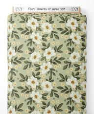 Tissu - Fleurs blanches et jaunes vert