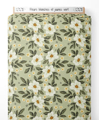 Tissu - Fleurs blanches et jaunes vert