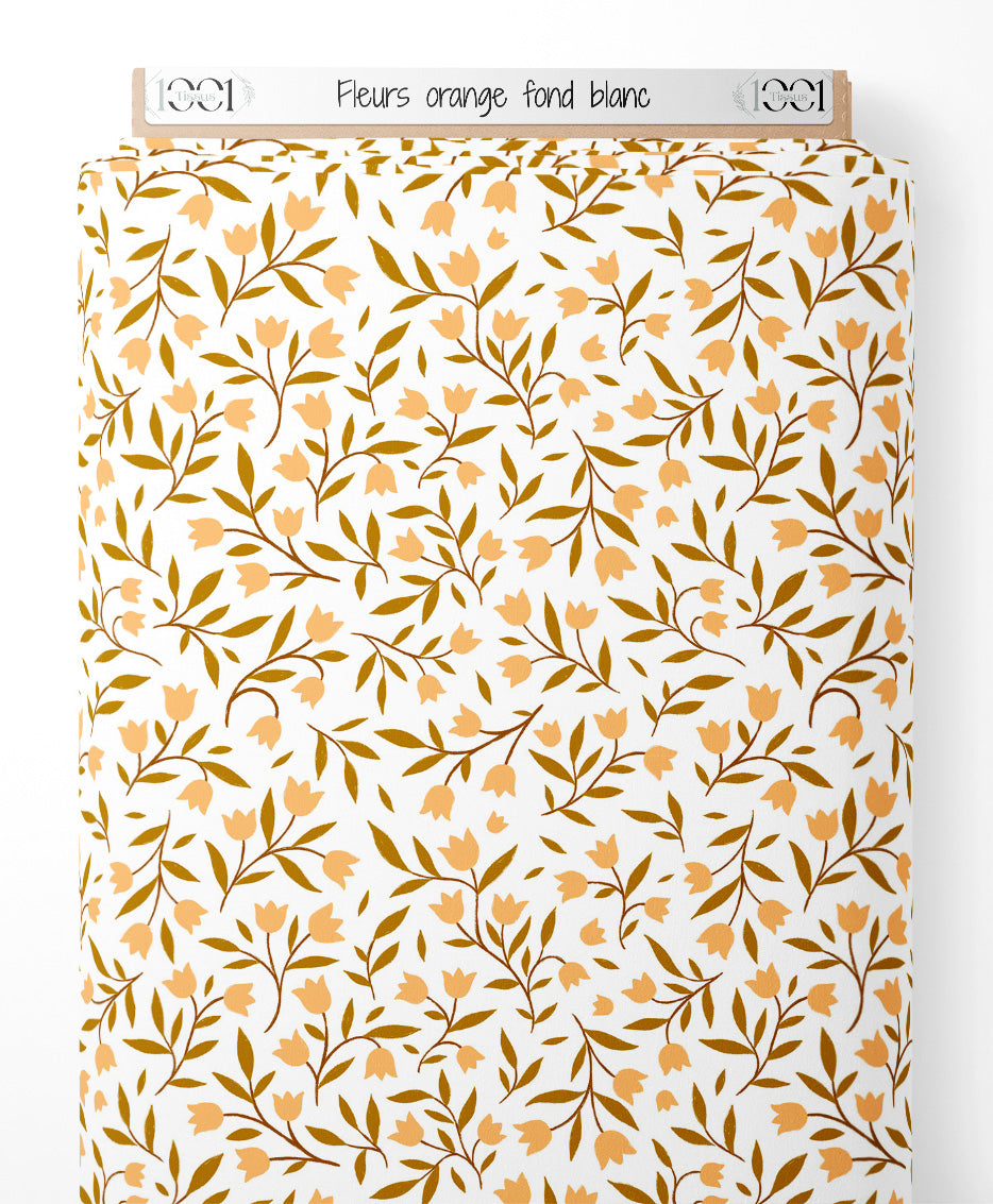 Tissu - Fleurs orange sur fond blanc