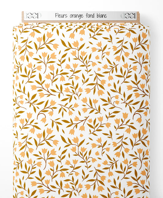 Tissu - Fleurs orange sur fond blanc