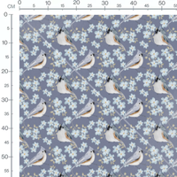 Tissu - Oiseaux gris et fleurs bleu clair