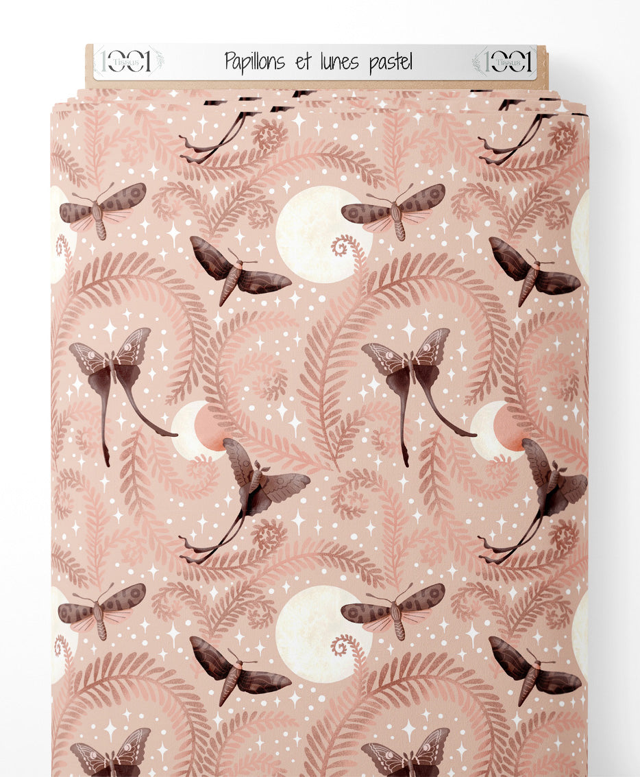 Tissu - Papillons et lunes pastel