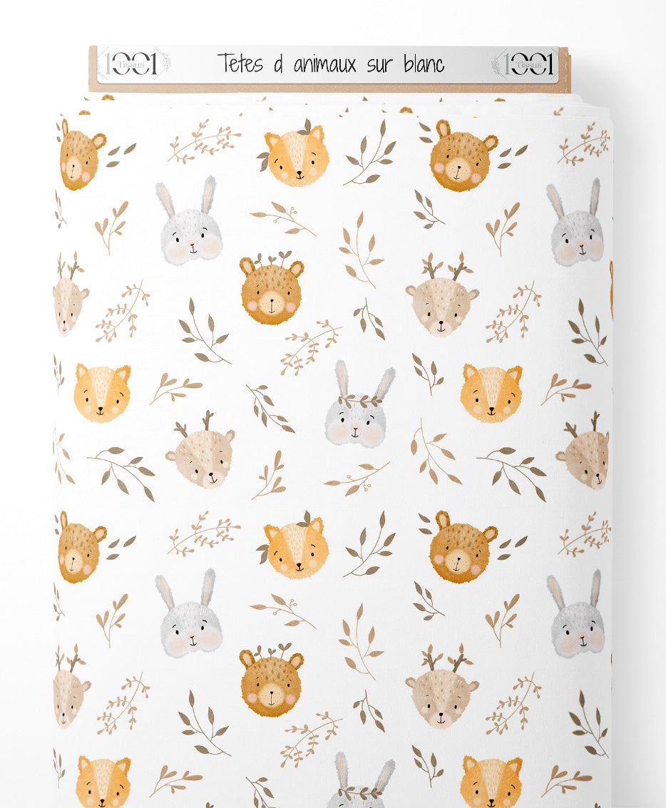 Tissu - Têtes d'animaux sur blanc
