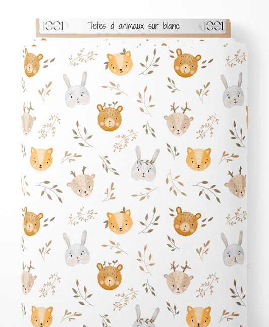 Tissu - Têtes d'animaux sur blanc