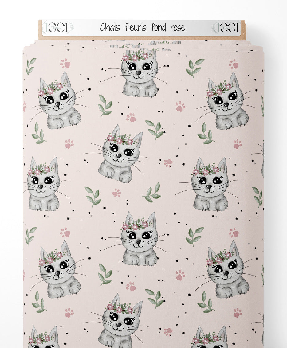 Tissu - Chats fleuris sur fond rose