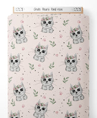 Tissu - Chats fleuris sur fond rose