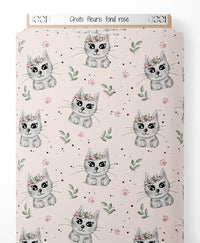 Tissu - Chats fleuris sur fond rose