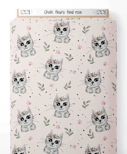 Tissu - Chats fleuris sur fond rose