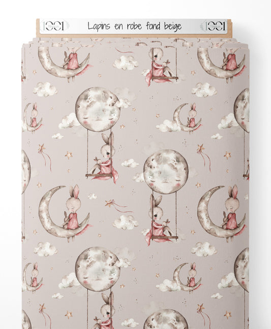 Tissu - Lapins en robe sur fond beige