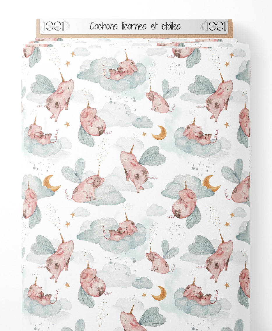 Tissu - Cochons licornes et étoiles