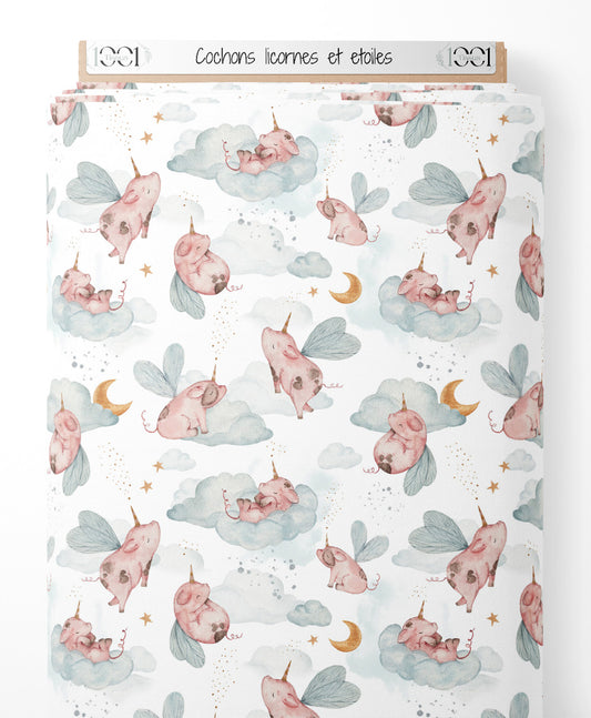 Tissu - Cochons licornes et étoiles