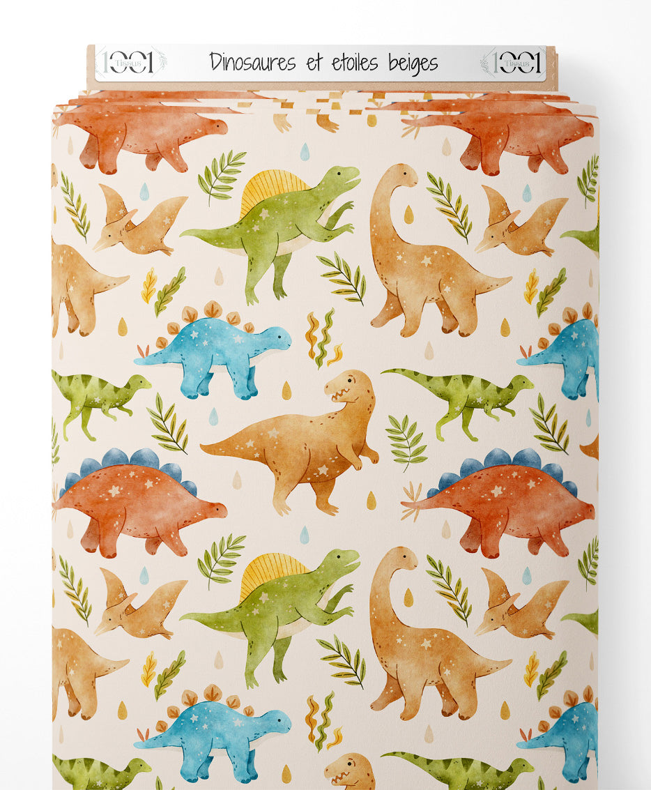 Tissu - Dinosaures et étoiles beiges