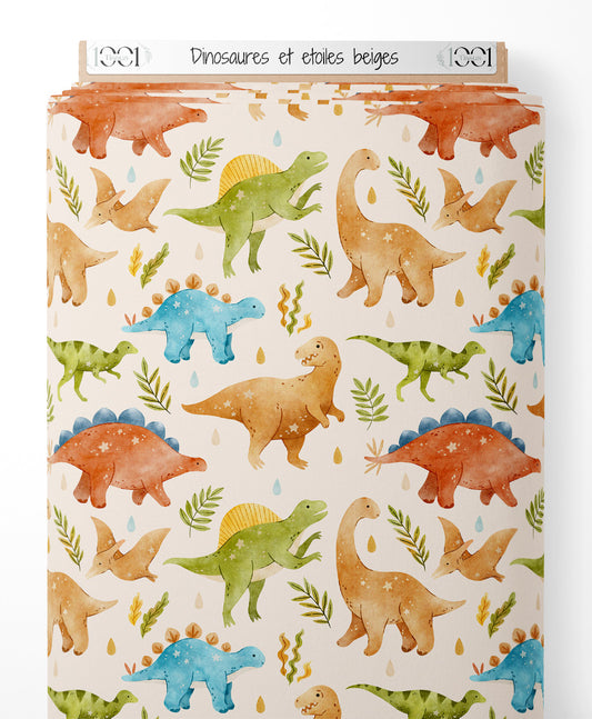 Tissu - Dinosaures et étoiles beiges