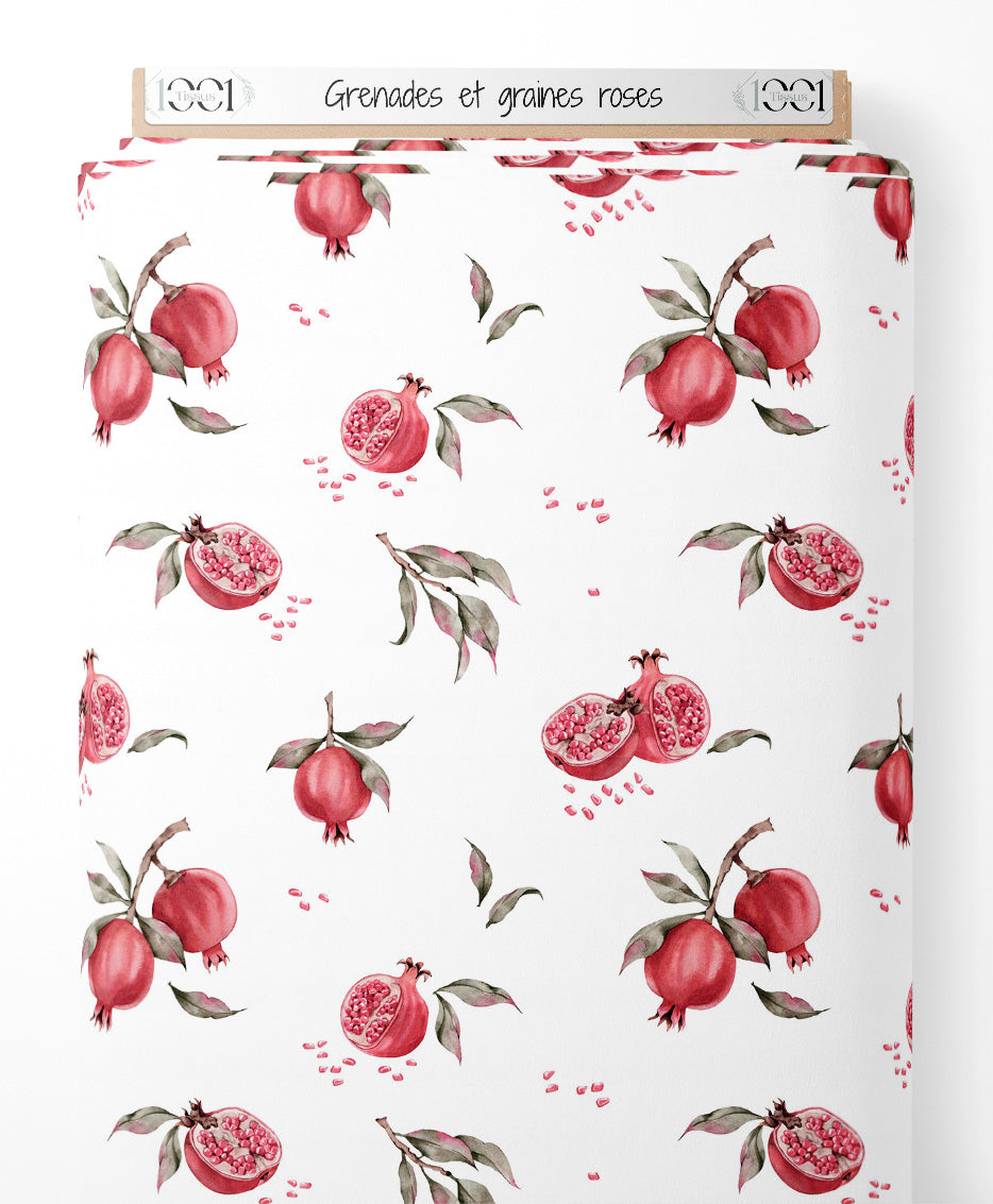 Tissu - Grenades et graines roses