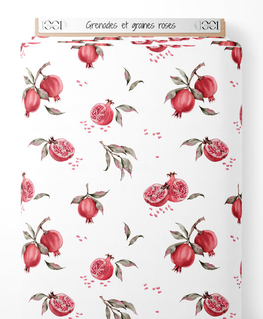 Tissu - Grenades et graines roses