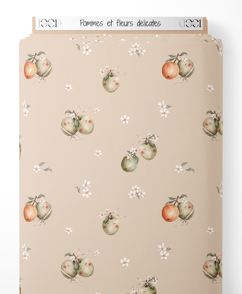 Tissu - Pommes et fleurs délicates