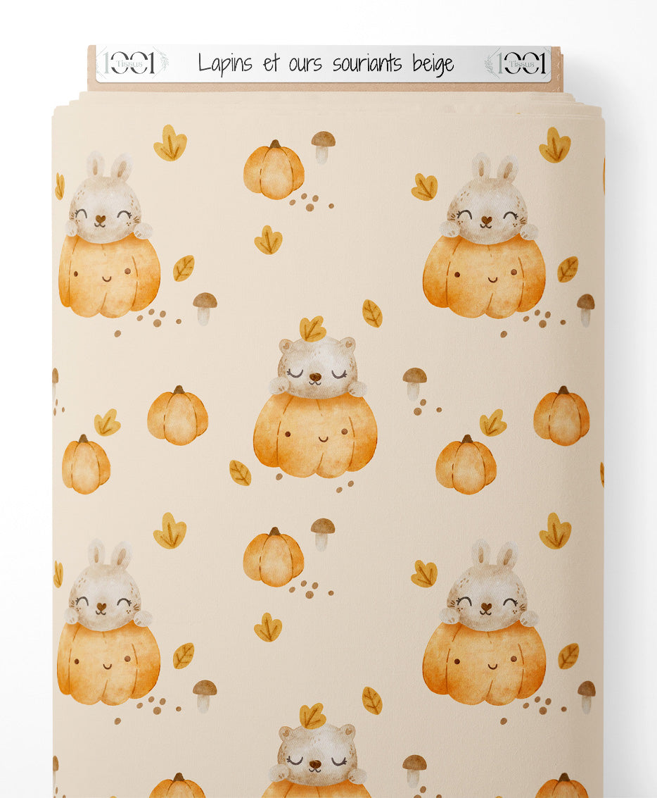 Tissu - Lapins et ours souriants beige