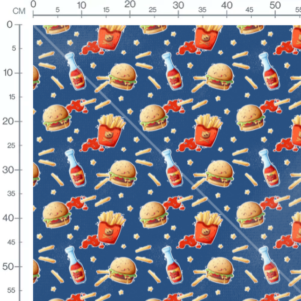 Tissu - Burgers et ketchup sur bleu