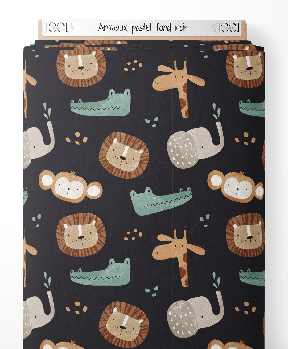 Tissu - Animaux pastel sur fond noir