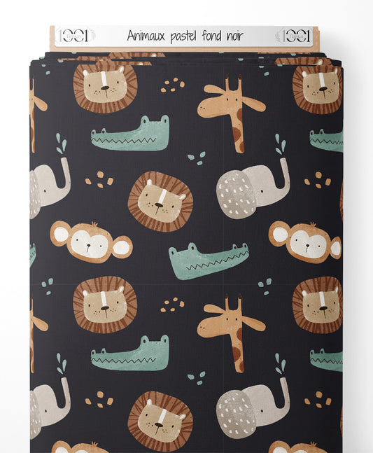 Tissu - Animaux pastel sur fond noir