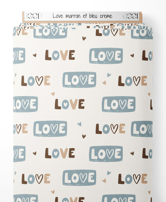 Tissu - Love marron et bleu crème