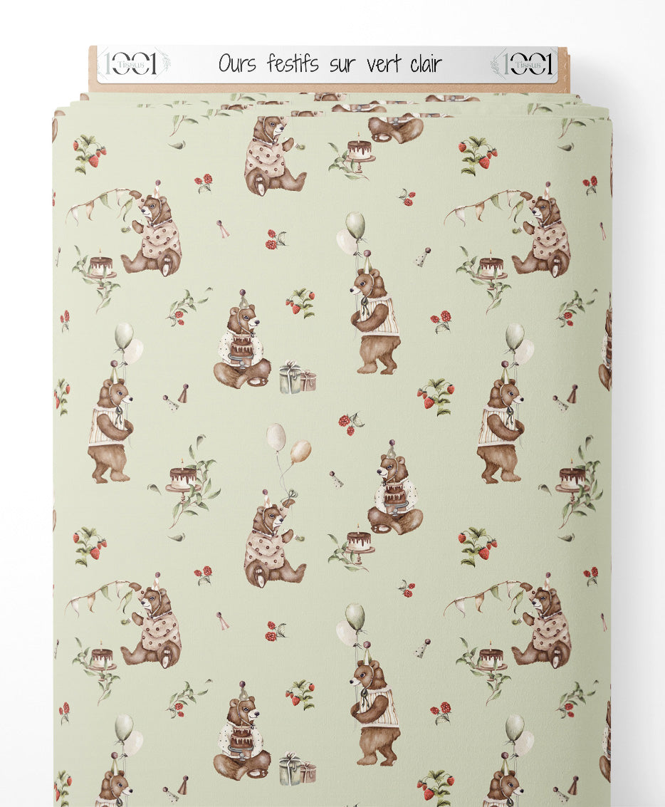 Tissu - Ours festifs sur vert clair