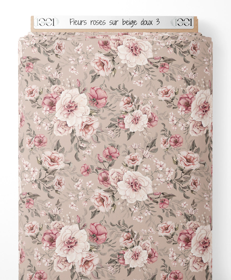 Tissu - Fleurs roses sur beige doux 3