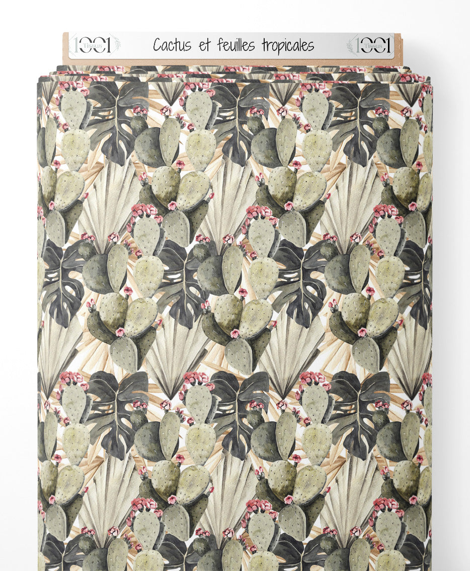 Tissu - Cactus et feuilles tropicales