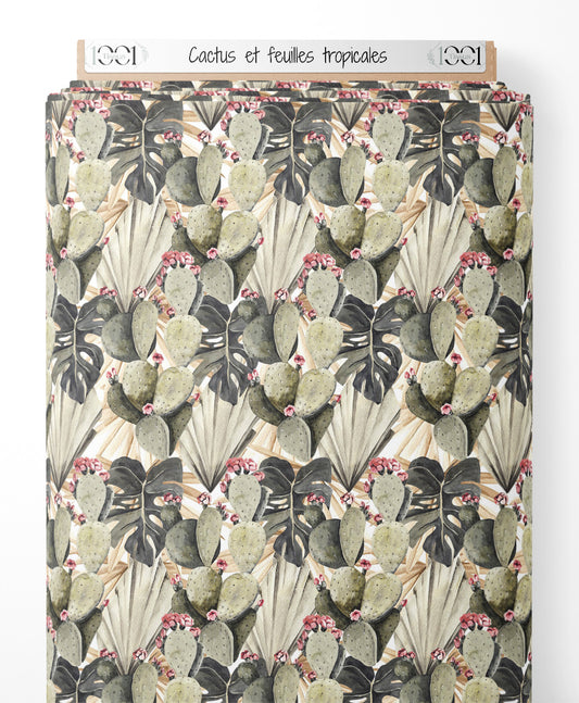 Tissu - Cactus et feuilles tropicales