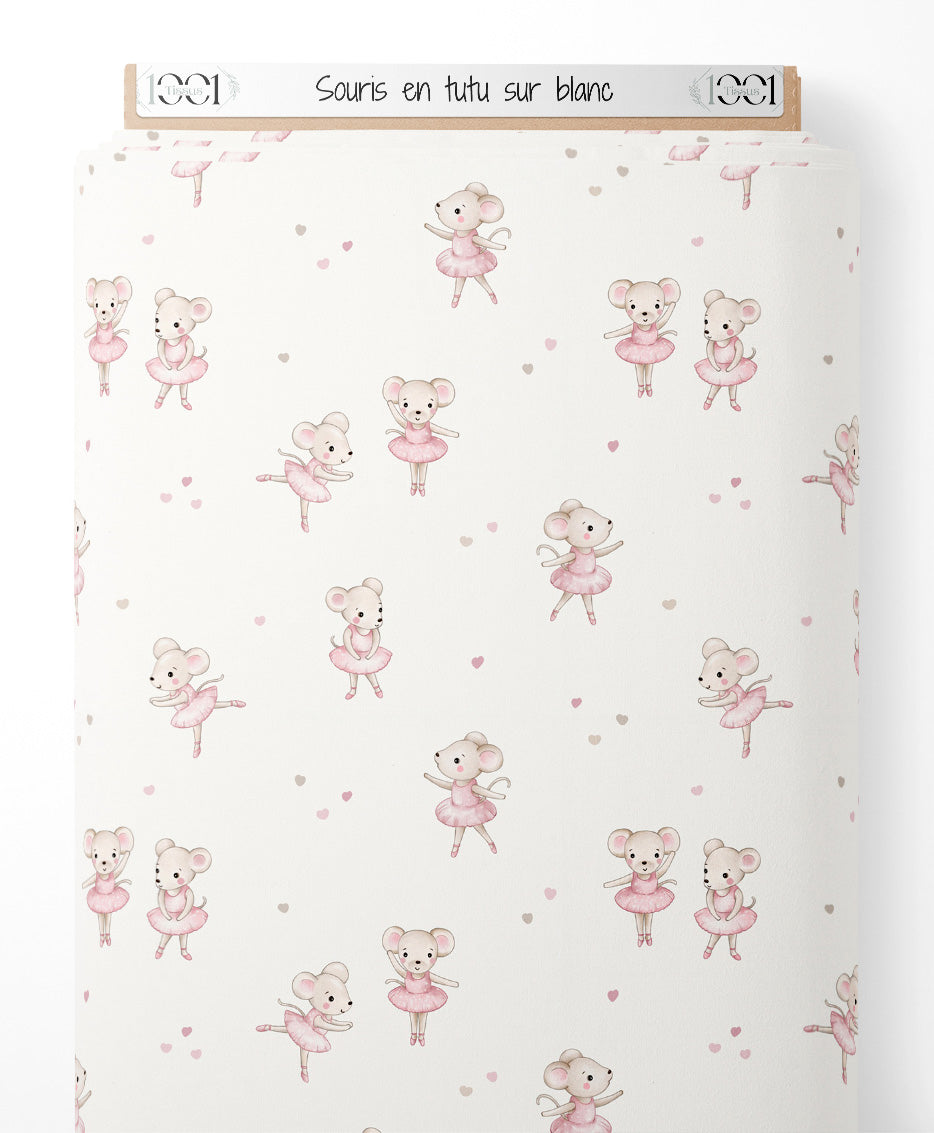 Tissu - Souris en tutu sur blanc