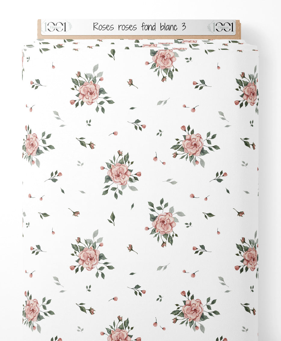 Tissu - Roses roses sur fond blanc 3