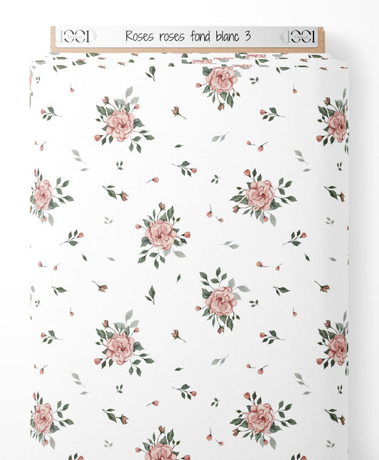 Tissu - Roses roses sur fond blanc 3
