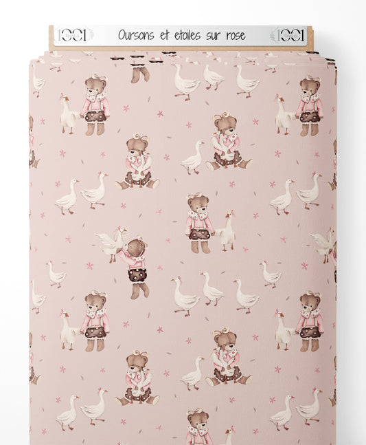 Tissu - Oursons et étoiles sur rose