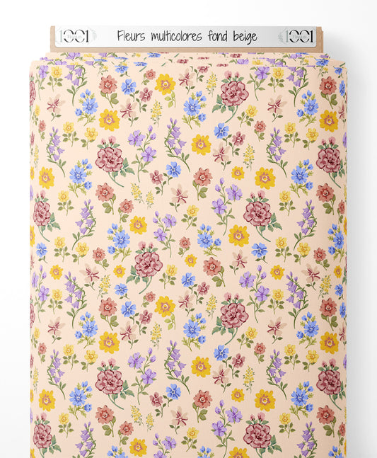 Tissu - Fleurs multicolores sur fond beige