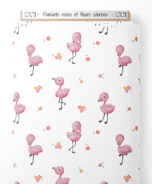 Tissu - Flamants roses et fleurs colorées