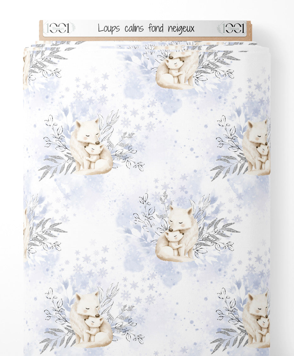 Tissu - Loups câlins fond neigeux